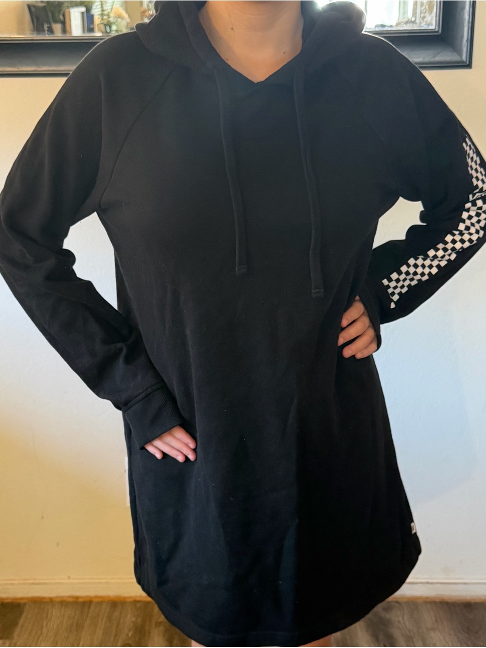 Vans Black Hoodie Dress Checkerboard Sleeve Logo | Women’s Medium